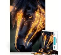 Puzzle da 1000 pezzi con cavallo nero e riflessi dorati,incastri precisi,divertente,stimolante per la mente,ideale per momenti di relax e come decorazione natalizia 50x75cm