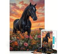 Puzzle da 1000 pezzi con cavallo nero in fiore,incastro perfetto,attività di gioco intelligente,divertimento per il tempo libero,regalo di compleanno 38x26cm
