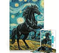 Puzzle da 1000 pezzi con cavallo nero in una notte stellata Gioco di precisione,stimola la logica,ideale per il tempo libero e come regalo di compleanno 38x52cm