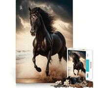 Puzzle da 1000 pezzi con cavallo nero sulla spiaggia,gioco di squadra preciso e divertente,stimola la mente,ideale per momenti di relax e come decorazione natalizia 38x52cm