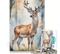 Puzzle da 1000 pezzi con cervo ad acquerello nella foresta,ideale per adulti Gioco di memoria divertente con componenti robusti e ben definiti alleviare lo stress (38x26cm)