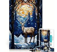 Puzzle da 1000 pezzi con cervo in vetro colorato in inverno per adulti, gioco intelligente da interno, taglio preciso, regalo delizioso 38x52cm