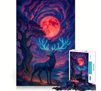 Puzzle da 1000 pezzi con cervo mistico sotto una luna rossa per adulti, gioco di concentrazione e divertimento tranquillo con bordi netti, ideale come regalo di Babbo Natale (38x26cm)
