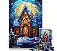 Puzzle da 1000 pezzi con chiesa invernale e vetrate colorate per adulti, stimola la memoria, rilassa la mente, bordi precisi, lista dei desideri di Babbo Natale 38x26cm