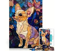 Puzzle da 1000 pezzi con Chihuahua in vetro colorato e sfondo floreale per adulti e ragazzi, gioco mentale rilassante e di alta qualità, regalo speciale 38x26cm