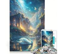 Puzzle da 1000 pezzi con cigno in un paesaggio fantastico con rovine Gioco interattivo per allenare mente e mani con pezzi a incastro di forma casuale 50x75cm