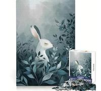 Puzzle da 1000 pezzi con coniglio bianco tra le foglie blu, ideale per adulti, perfetto per l'esercizio mentale e il relax Confezione regalo speciale (50x75cm)