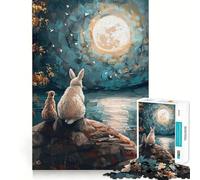 Puzzle da 1000 pezzi con coniglio e gatto sotto la luna piena per adolescenti, gioco di logica fine, divertimento rilassante, decorazione da parete con bordi puliti (38x52cm)
