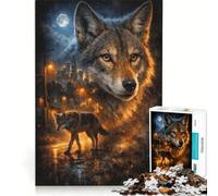 Puzzle da 1000 pezzi con coyote, luci notturne della città e fauna selvatica, gioco rompicapo, sfida difficile, regalo per amici e familiari 38x52cm
