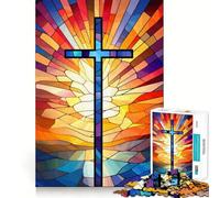 Puzzle da 1000 pezzi con croce sacra in vetro colorato per adolescenti, gioco stimolante per la mente, momento di relax, opera d'arte dal taglio preciso 50x75cm