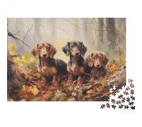 Puzzle da 1000 pezzi con cuccioli di bassotto nella foresta. Tre cuccioli di bassotto per giochi educativi per adulti, decorazione per la casa, sfida di alta difficoltà, 38x26 cm.