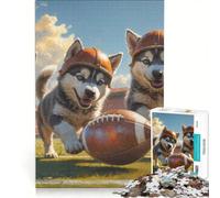 Puzzle da 1000 pezzi con cuccioli di husky e tema football old school, antistress, per divertimento in famiglia, con pezzi di forma casuale completamente ad incastro 50x75cm