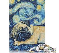Puzzle da 1000 pezzi con cucciolo di carlino che dorme durante la notte, puzzle di difficoltà, gioco educativo, giocattolo, decorazione per la famiglia (75x50 cm)