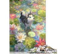 Puzzle da 1000 pezzi con cucciolo di husky dipinto nello stagno delle ninfee, per adulti, regalo di Halloween, puzzle per adulti, decorazione per la casa, giocattoli puzzle 1000 pezzi (75x50 cm)