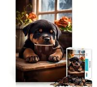 Puzzle da 1000 pezzi con cucciolo di Rottweiler e caffè, ideale per adolescenti Gioco stimolante per la mente, rilassante e divertente, con tagli precisi Regalo perfetto per le feste (50x75cm)