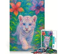 Puzzle da 1000 pezzi con cucciolo di tigre bianca tra la vegetazione tropicale,gioco stimolante per la mente,incastro perfetto,nessun pezzo si stacca,sfida interattiva per il cervello da fare a casa