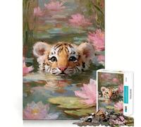 Puzzle da 1000 pezzi con cucciolo di tigre tra le ninfee, ideale per adulti, un gioco stimolante per la mente, perfetto per il gioco di gruppo 38x52cm
