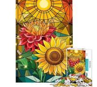 Puzzle da 1000 pezzi con dalia e girasole in vetro colorato e petali a strati ideale per adulti e famiglie perfetto compleanno e Natale (dimensioni 50x75cm)