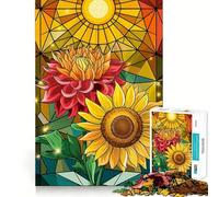 Puzzle da 1000 pezzi con dalia e girasole in vetro colorato e petali a strati, ideale per ragazzi, gioco di logica e attività domestiche, con bordi trasparenti, regalo perfetto 50x75cm