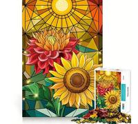Puzzle da 1000 pezzi con dalia e girasole in vetro colorato e petali a strati, ideale per ragazzi, gioco di logica e attività domestiche, con bordi trasparenti, regalo perfetto 38x52cm