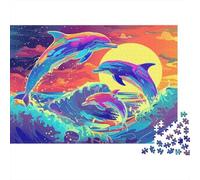 Puzzle da 1000 pezzi con delfini dai colori vivaci, tramonto sull'oceano, gioco educativo per adulti, decorazione per la casa, difficile e stimolante, regalo di compleanno. 70x50 cm/1000 pezzi