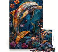 Puzzle da 1000 pezzi con delfino in vetro colorato per adolescenti, gioco per allenare la mente, rilassante, artistico, da assemblare, regalo premuroso 38x52cm
