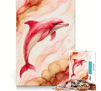 Puzzle da 1000 pezzi con delfino rosa ad acquerello, arte fluida, per adulti, regalo, gioco di logica stimolante, gioco rilassante, bordi trasparenti, regalo sentito (38x26cm)