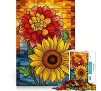 Puzzle da 1000 pezzi con design a vetrata di dalia e girasole radiosi, ideale per ragazzi Gioco di logica, pezzo da collezione con taglio preciso per i momenti più caldi (38x52cm)