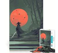 Puzzle da 1000 pezzi con dipinti di samurai e luna rossa per adulti, gioco di logica fine, per il tempo libero, con bordi definiti, oggetto da collezione (38x52cm)