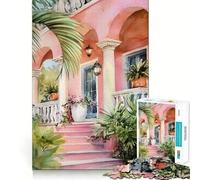 Puzzle da 1000 pezzi con dipinto ad acquerello di una casa rosa, per adulti, gioco di logica e logica, ideale per il tempo libero, con bordi lisci e perfetto come regalo stagionale (50x75cm)