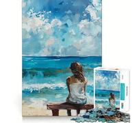 Puzzle da 1000 pezzi con dipinto di donna seduta su una panchina che guarda l'oceano,divertente e senza sbavature,con pezzi ben tagliati,ideale per serate tranquille (50x75cm)