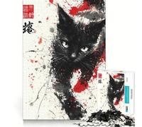 Puzzle da 1000 pezzi con dipinto di gatto nero a inchiostro,pezzi ad incastro,gioco divertente per concentrarsi,momento di relax,decorazione artistica natalizia 38x52cm