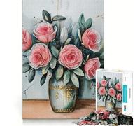 Puzzle da 1000 pezzi con dipinto di rose rosa in vaso per adulti, gioco di logica intelligente, silenzioso e divertente, con bordi lisci, ideale come regalo per le festività (50x75cm)