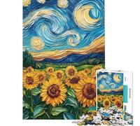 Puzzle da 1000 pezzi con dipinto di un campo di girasoli sotto una notte stellata ideale per adolescenti con tempismo perfetto per compleanni e Natale 38x52cm