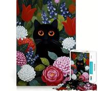 Puzzle da 1000 pezzi con dipinto di un gatto nero in un giardino fiorito, ideale per ragazzi Gioco di logica e abilità, perfetto per momenti di relax Taglio preciso, (38x52cm)