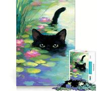 Puzzle da 1000 pezzi con dipinto di un gatto nero in uno stagno di ninfee,bordi senza soluzione di continuità Gioco stimolante per la mente,ideale per il tempo libero Regalo artistico di Natale