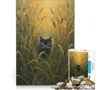 Puzzle da 1000 pezzi con dipinto di un gatto nero nell'erba alta, giocattolo fai-da-te, rilassante e stimolante per la mente, compleanno e Natale 38x52cm