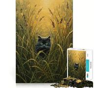 Puzzle da 1000 pezzi con dipinto di un gatto nero nell'erba alta,taglio preciso,gioco di logica,gioco rilassante,decorazione natalizia per la casa 38x26cm