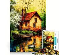 Puzzle da 1000 pezzi con dipinto di una casetta sul fiume e anatre, per adulti, gioco di logica, rilassante e di precisione, ideale come regalo di Babbo Natale (38x26cm)