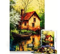Puzzle da 1000 pezzi con dipinto di una casetta sul fiume e anatre, per adulti, gioco di logica, rilassante e di precisione, ideale come regalo di Babbo Natale (38x26cm)