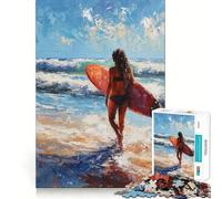 Puzzle da 1000 pezzi con dipinto di una ragazza surfista sulla spiaggia, ideale per adulti, per stimolare la memoria e creare un'immagine piacevole e rilassante 50x75cm