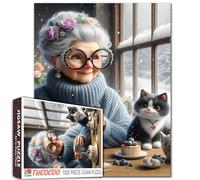 Puzzle da 1000 pezzi con donna anziana e gatto dai capelli bianchi, per adulti e nonne, con indosso un maglione, dessert con animali da neve, impegnativo per familiari o amici, adatto per tutti gli