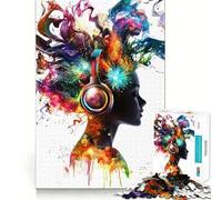 Puzzle da 1000 pezzi con donna con cuffie e schizzi di colore per adolescenti,gioco di abilità mentale,taglio laser per un incastro perfetto,momento di tranquillità ed esercizio mentale a casa