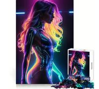 Puzzle da 1000 pezzi con donna cyborg sexy in neon per adulti e ragazzi, gioco per la mente, rilassante, taglio preciso, regalo di Natale 38x52cm