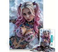 Puzzle da 1000 pezzi con donna dai capelli rosa e tatuaggi, per adulti, gioco di logica e svago, bordi lisci, regalo stagionale (38x52cm)