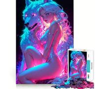 Puzzle da 1000 pezzi con donna lupo sexy al neon per adolescenti, ideale per migliorare la memoria e il tempo libero Pezzo unico con scritta "Santa Wish" 38x52cm