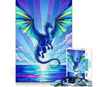Puzzle da 1000 pezzi con drago blu e illustrazione in vetro colorato,gioco di costruzione preciso,gioco tranquillo,ideale per compleanni 50x75cm