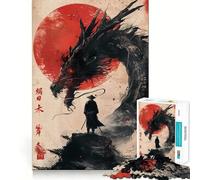 Puzzle da 1000 pezzi con drago samurai e sole rosso per adolescenti, gioco di puzzle stimolante per il relax, ritaglio chiaro, regalo per le festività (50x75cm)