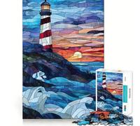 Puzzle da 1000 pezzi con faro e tramonto in vetro colorato per adulti, gioco rilassante, bordi precisi, regalo speciale 38x26cm