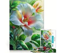 Puzzle da 1000 pezzi con fiore di ibisco bianco e foglie verdi,gioco di abilità mentale,incastro stabile,parti che non si spostano,passatempo divertente per i lunghi weekend (50x75cm)